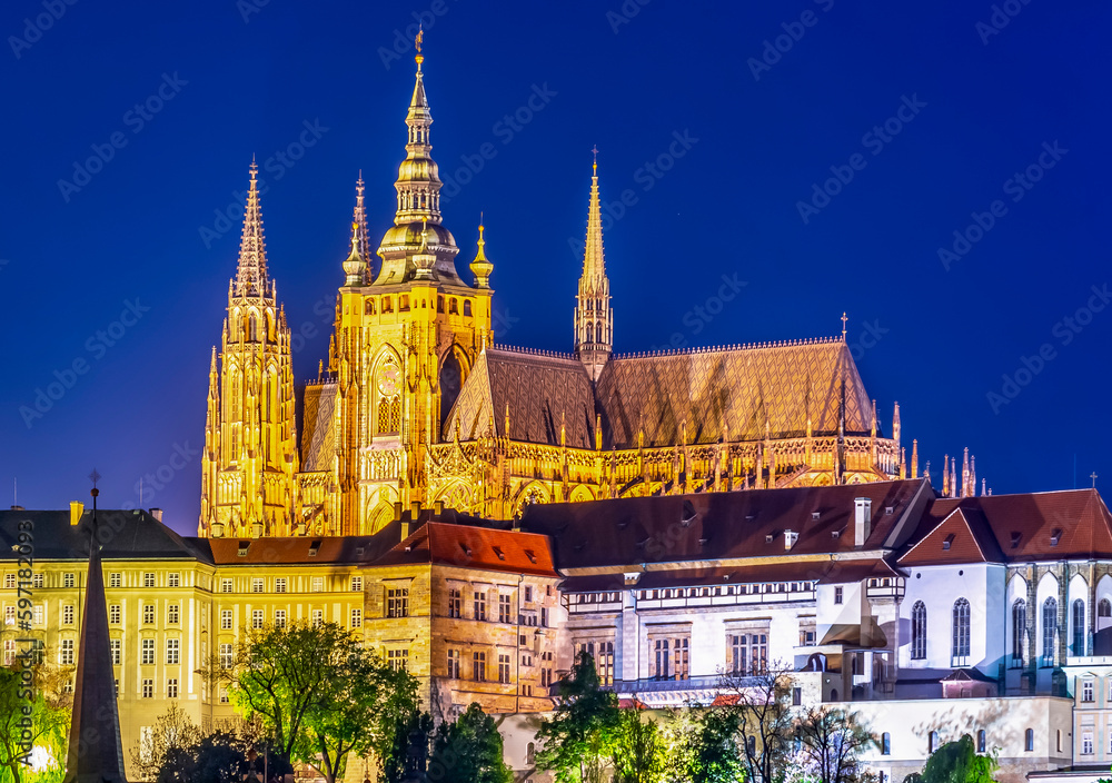 Prague Castle with St. Vitus Cathedral over Lesser town (Mala Strana) at night, Czech Republic