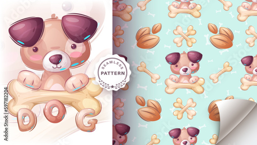 Seamless pattern cartoon character adorable dog, pretty animal idea for print t-shirt, poster and kids envelope, postcard. Cute hand drawn style puppy.