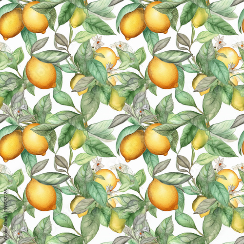 lemon watercolor seamless pattern print, vegan food illustration. Generative AI