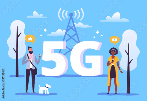 Mobile 5g connection. People with smartphones use high speed internet