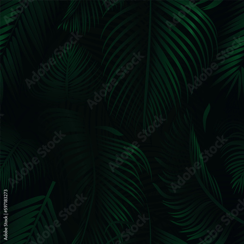 Green palm tree leaves on dark background. Tropical palm leaves, floral seamless pattern vector illustration.