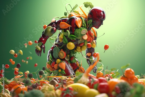 Fruits and vegetables forming a human body, metabolism, nutrition, eating diet, fitness, health, vitamins, digestion, supplements, health care, healthy lifestyle, healthy food. Generative AI