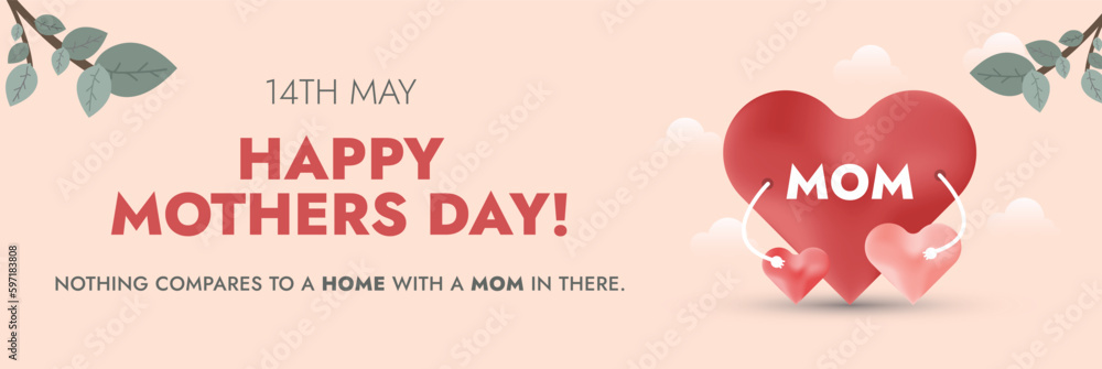 Happy Mother's Day. Happy mothers day 2023 cover or banner with family hearts. 14th May. Mom with her children's mother day card. Design template for social media post. Mother holding Childrens.