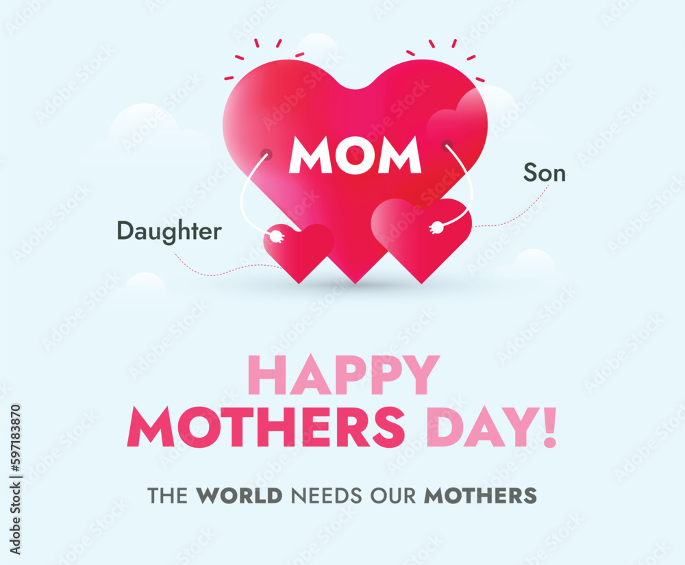 Happy Mother's Day. Happy mothers day 2023 cover or banner with three hearts. 14th May. Mom with her children's mother day card. Design template for social media poster, flyer, card, website. Wish