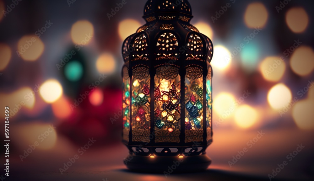 Exquisite Oriental Lantern with Stunning Holiday Lights Bokeh, generative Ai
