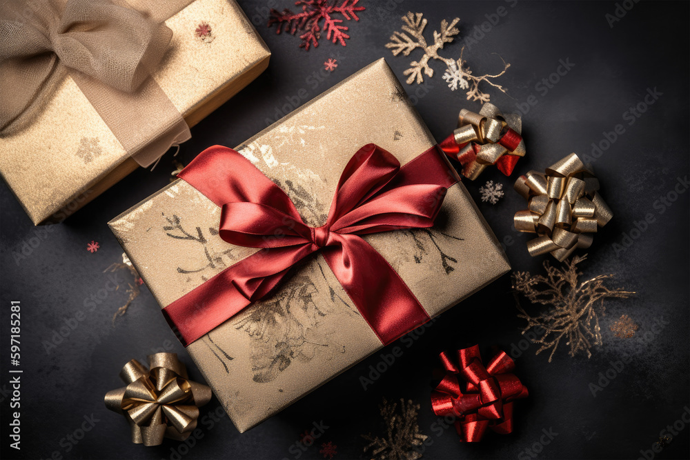 Holiday gift box made of craft paper with red ribbon on dark background. Generative AI Holiday gift box made of craft paper with red ribbon on dark background. Generative AI