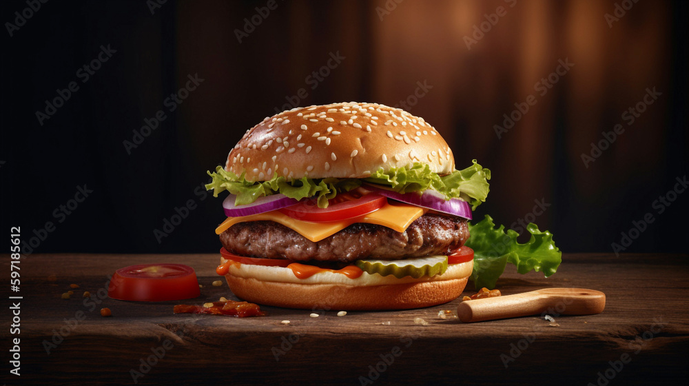 Generative AI Classic and Delicious Hamburger on Wooden Plate Generative AI Classic and Delicious Hamburger on Wooden Plate