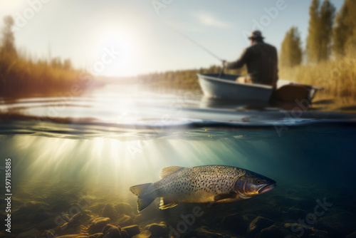 fisherman with fishing rod in the boat and fish underwater. split view over under water. generative AI