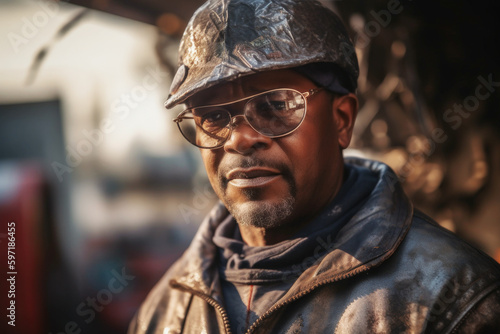 In a bustling factory, a 47-year-old Afro-American man, donned in protective gear, wielded his ironworking prowess, his skilled hands forging the backbone of progress. Generative AI