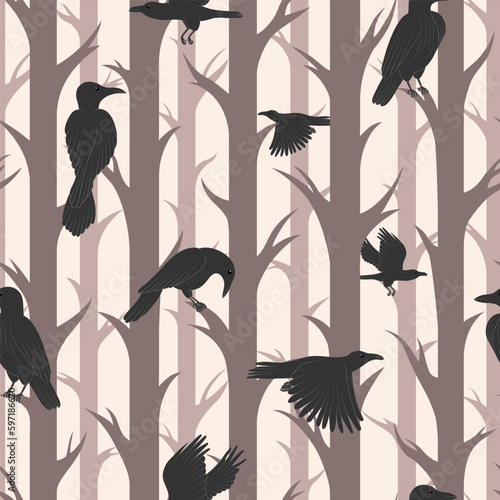 Seamless pattern with brown forest trees and black birds. Wildlife of ravens and crows. Nature flat vector illustration.