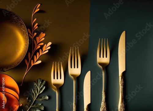 luxury golden kitchen utensils set banner for fine dine restaurant generative ai