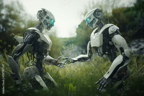 An image showing two robots shaking hands over grass. Generative ai