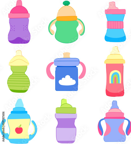 sippy cup set cartoon vector illustration