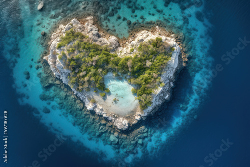 Areal top view of a small idyllic heart shaped island in the blue clear waters of the Mediterranean Sea, created with Generative AI technology