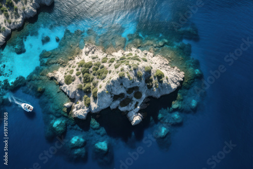 Areal top view of a small idyllic island in the blue clear waters of the Mediterranean Sea, created with Generative AI technology © Artem