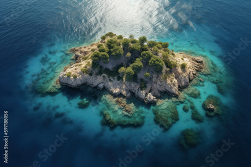 Areal top view of a small idyllic island in the blue clear waters of the Mediterranean Sea, created with Generative AI technology
