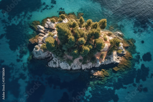 Areal top view of a small idyllic island in the blue clear waters of the Mediterranean Sea, created with Generative AI technology