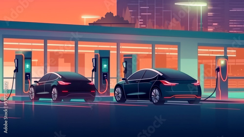 Electric car at charging station. Battery EV vehicle connected and electricity from renewable energy generation, solar panel, wind turbine. vehicle is charging. Generative AI © senadesign