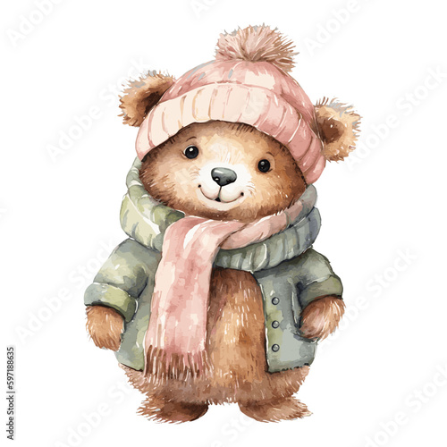 Watercolor Cute Grizzly Cub With Cotton Hat, Scarf, and Jacket