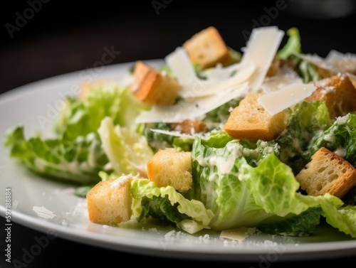 Caesar salad with fresh lettuce, crunchy croutons, and shaved Parmesan cheese