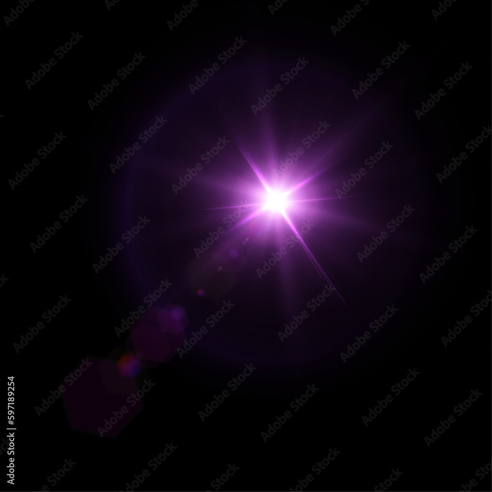 Bright light effect with beams and highlights shine with purple light for vector illustration.