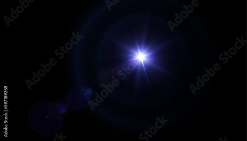 Bright light effect with rays and highlights shines with blue light.
