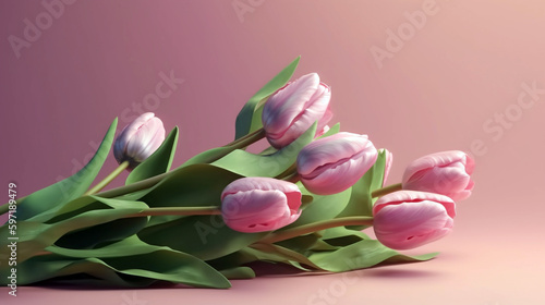 Light pink tulip bouquet on a pink background. generative ai