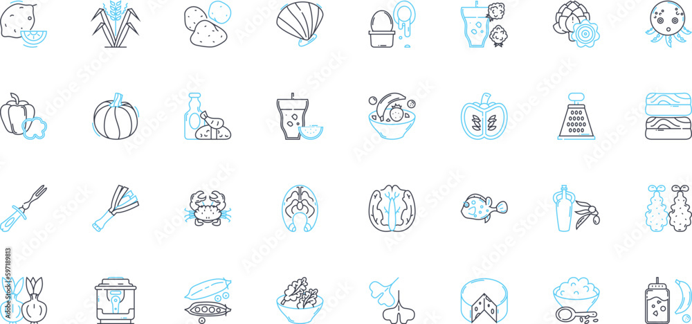 Breakfast linear icons set. Eggs, Toast, Pancakes, Omelette, Cereal, Bacon, Avocado line vector and concept signs. Bagels,Croissant,Coffee outline illustrations