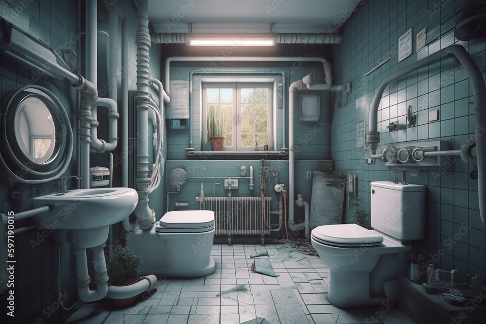 3D illustration of bathroom with interconnected PVC pipes, toilet bowl