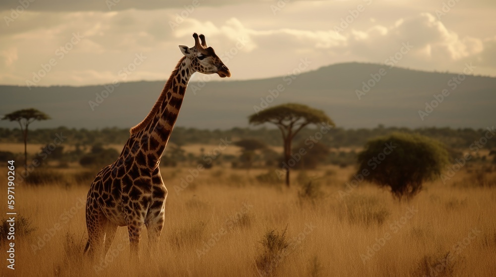 Obraz premium Majestic giraffe towering over savana. AI generated