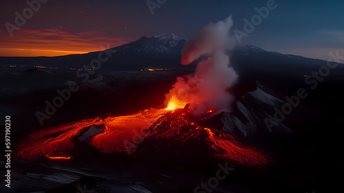 Contrast between the hot burning volcano and the cold night: A contrast created by the beautiful yet dangerous volcanic eruption and the cold night sky. Generative AI