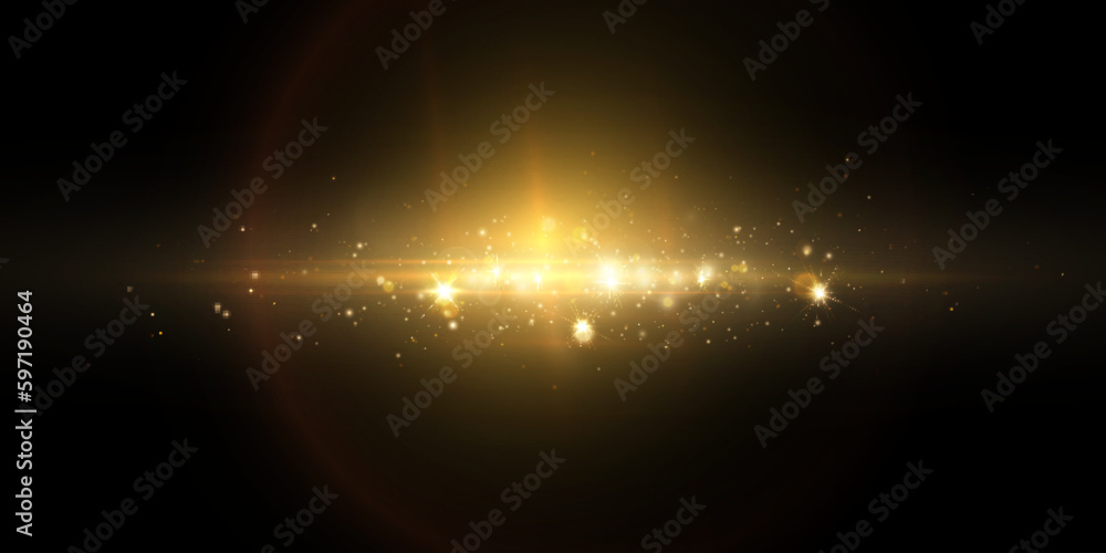 Bright light effect with rays and glare shines with golden light for vector illustration. - obrazy, fototapety, plakaty 