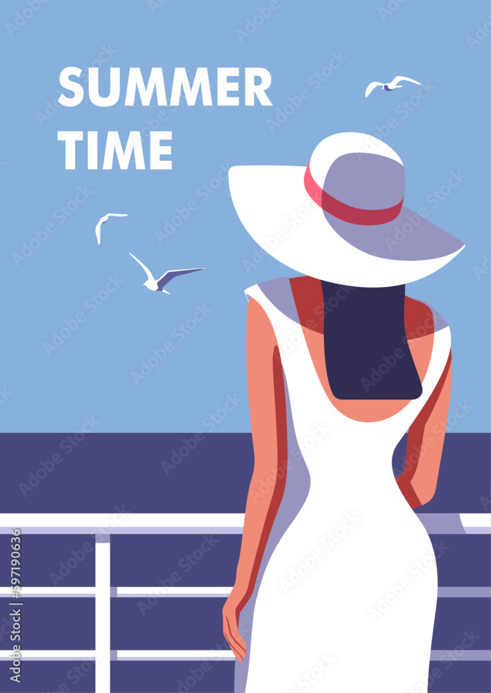 Summer time. Attractive young woman in hat walking on the beach. Perfect background on the theme of season vacation, weekend, beach. Vector illustration in minimalistic style. Summer time. Attractive young woman in hat walking on the beach. Perfect background on the theme of season vacation, weekend, beach. Vector illustration in minimalistic style.