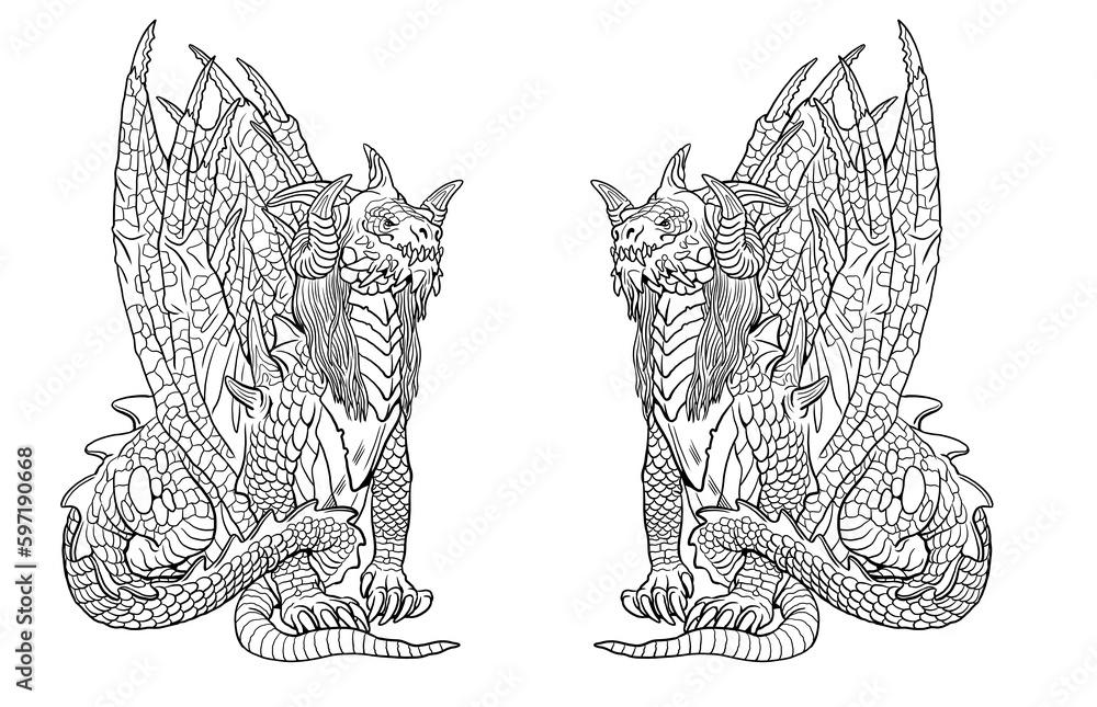 Dragon coloring page Fantasy illustration with mythical creature