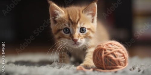 Wallpaper Mural A mischievous kitten batting at a ball of yarn on the carpet , concept of Playfulness, created with Generative AI technology Torontodigital.ca