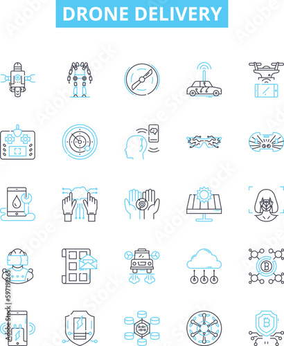 Drone delivery vector line icons set. Drone, Delivery, Aerial, Autonomous, Shipping, Service, Logistics illustration outline concept symbols and signs