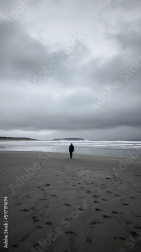 Generative ai back lonely man walking seashore of winter snowy sea water