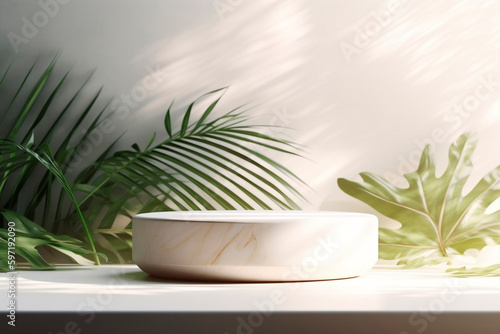 3d render of beige minimal product display podium with autumn leaves. Minimalist pedestal stand for cosmetic products