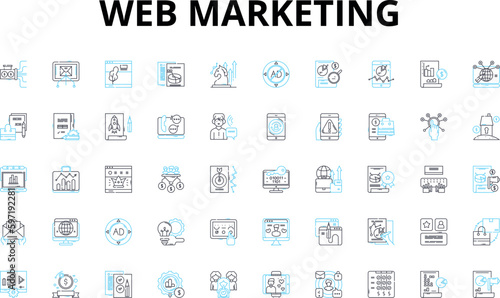 Web marketing linear icons set. SEO, PPC, Content, Analytics, Social, Strategy, Conversion vector symbols and line concept signs. Branding,Email,Mobile illustration