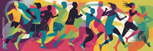 Colorful image of diverse people engaging in physical activity, highlighting the importance of exercise for overall health, concept of Physical fitness benefits, created with Generative AI technology © koldunova