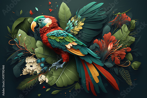 image of parrot design with leaf elements. Bird. Pet. Animals. Illustration. Generative AI. © yod67