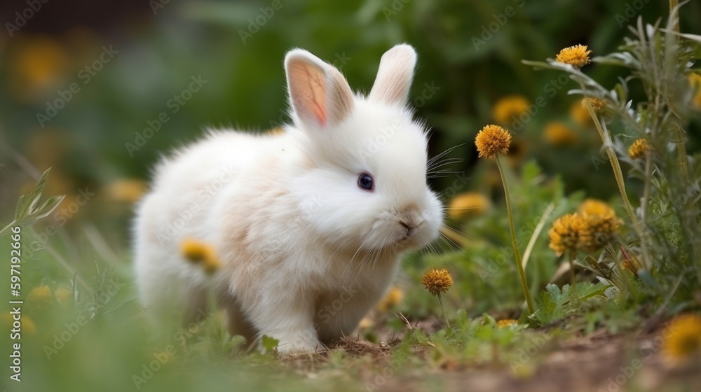 Adorable and fluffy bunny hopping. AI generated
