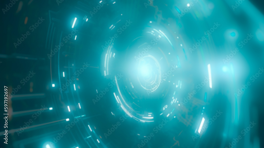 Obraz premium Blured background of a Hologram portal. Futuristic portal. Teleport podium with hologram effect. High tech futuristic technology design. Sci-fi technology and robotics. Ai Generative