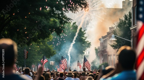 Fourth of July parade with flags. AI generated photo