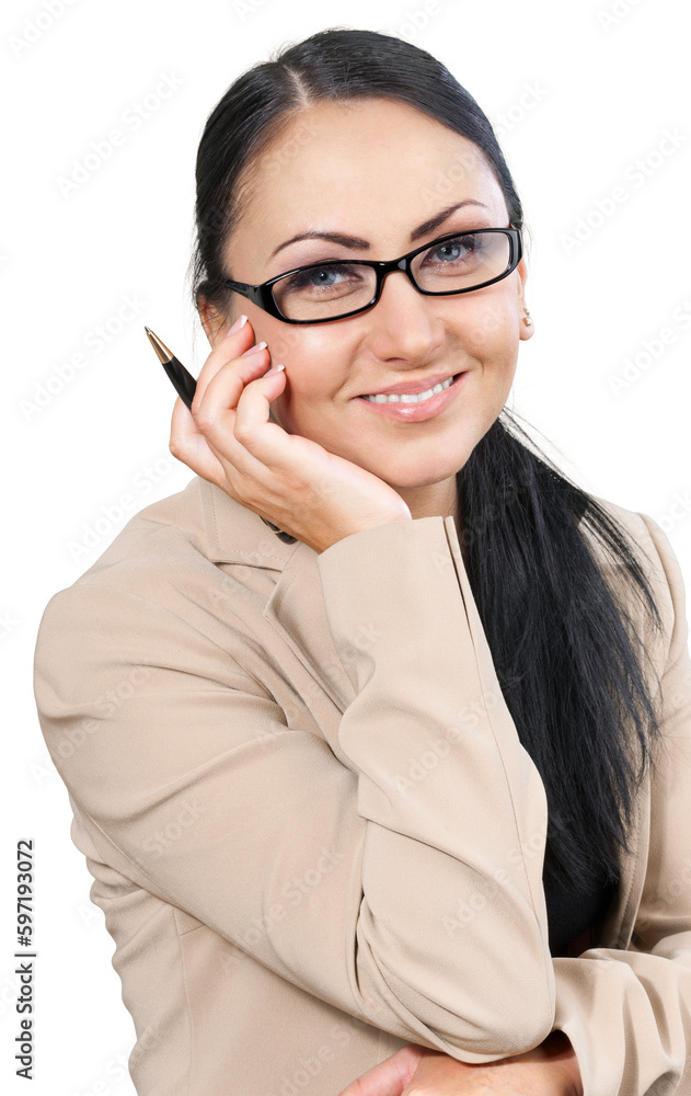 Friendly Businesswoman with Hand on Face - Isolated Friendly Businesswoman with Hand on Face - Isolated