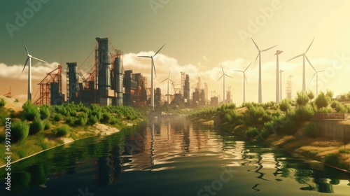 Windmills in Urban Landscape. Generative AI © Alexandra