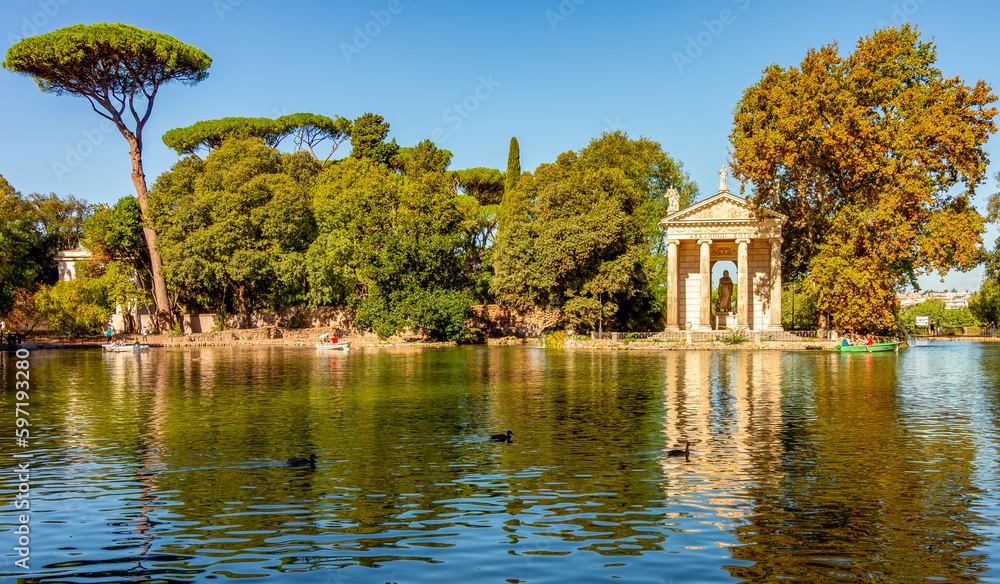 Pond with Temple of Aesculapius in gardens of Villa Borghese, Rome, Italy