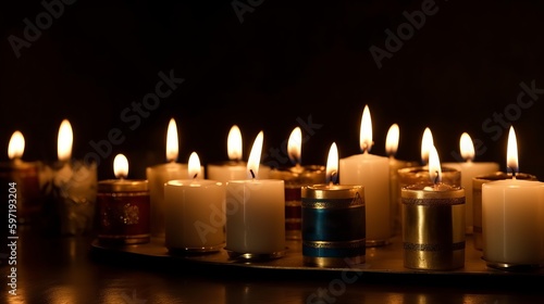 Soft glow of Hanukkah candles. AI generated