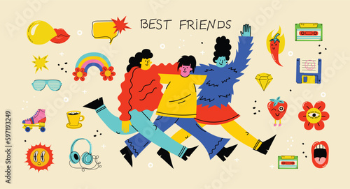 Best friends cocept illustration. Vector illustration of multicultural girls and multicultural friendship. Happy friendship day. Teenage girl friends hugging and having fun.
