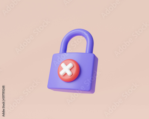 Padlock with cross sign icon about lock rejected icon. Wrong password or login error, coding error, padlock unsecured, declined, unsafe password protection. security concept. 3d render illustration